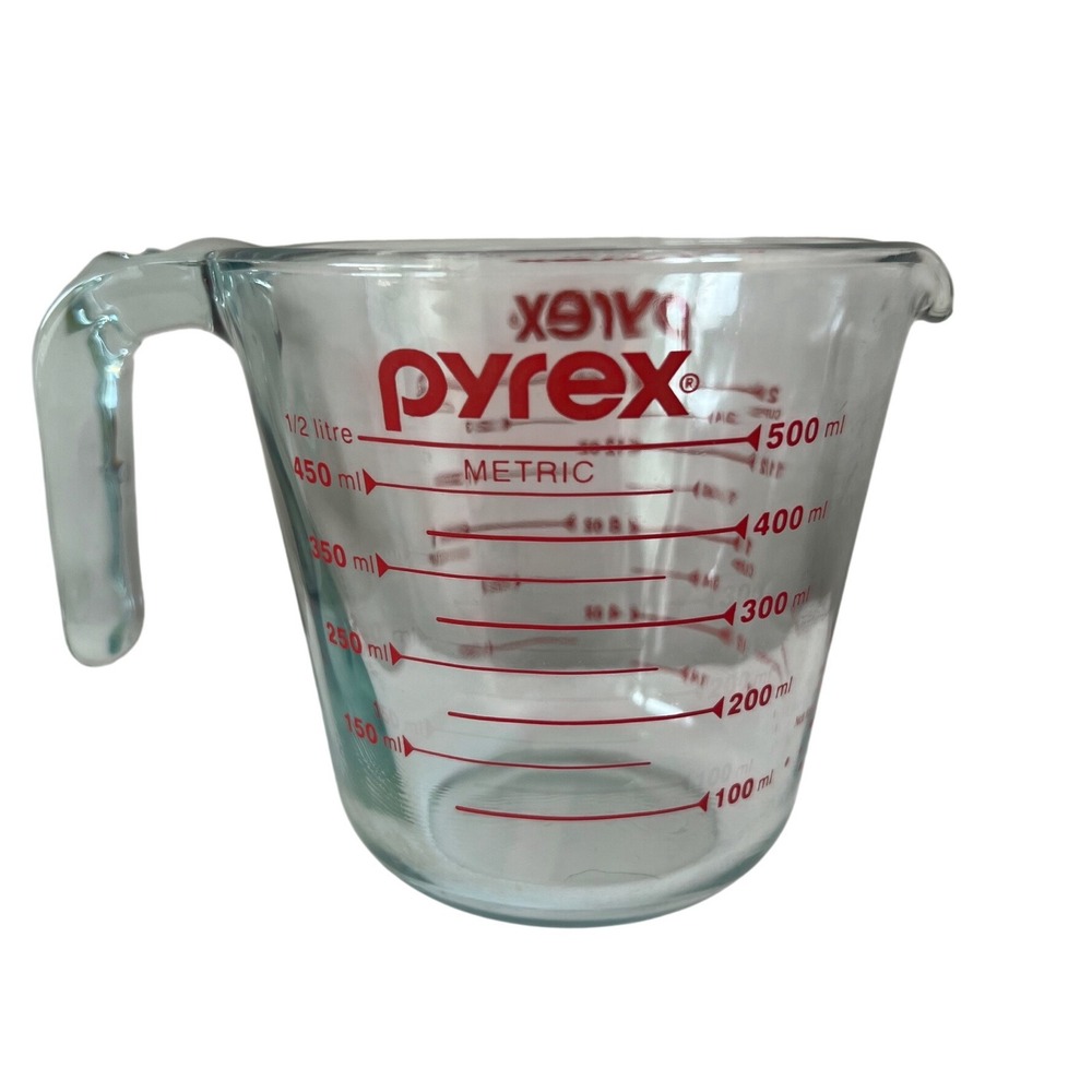 Vintage Pyrex 2‎ Cup Glass Measuring Cup 500ml 16oz Red Lettering Clear Glass